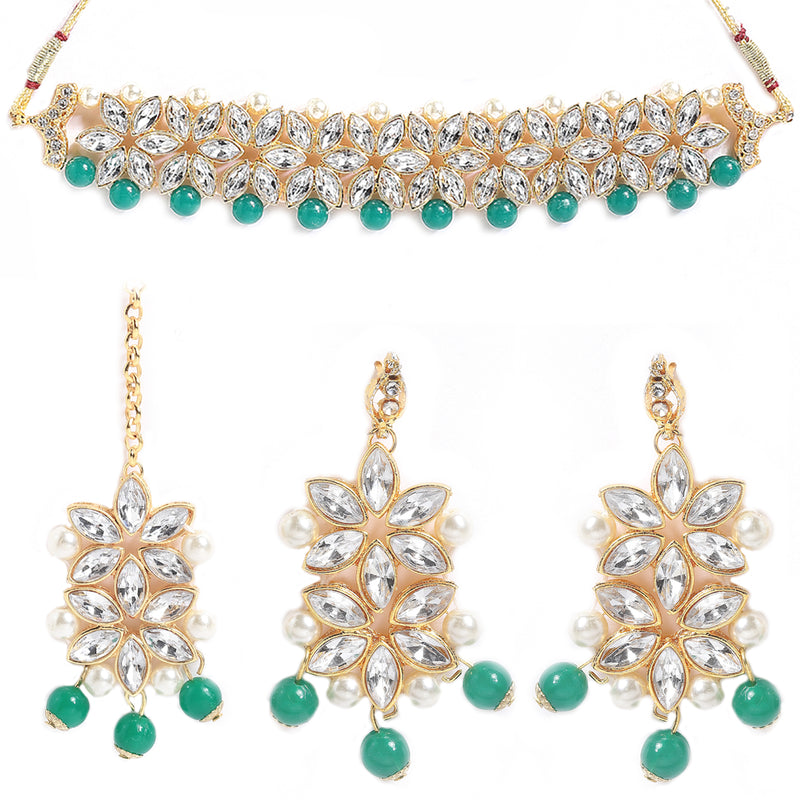 Flower Shaped Choker Bridal Necklace Set With Earrings Maang Tikka