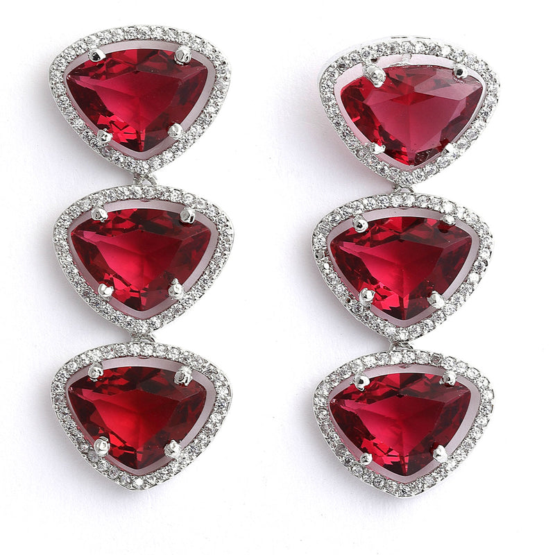 Rhodium-Plated with Silver-Tone Triangular Red & White American Diamond Studded Jewellery Set