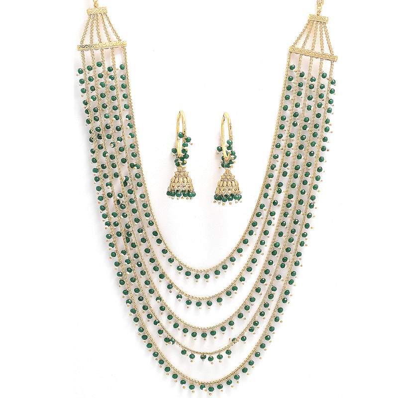 Five Layered Gold-Plated Green Pearl Beaded Jewellery Set