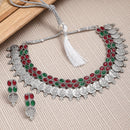 Rhodium-Plated with Oxidised Silver-Tone Green & Red Kundan Studded Handcrafted Jewellery Set