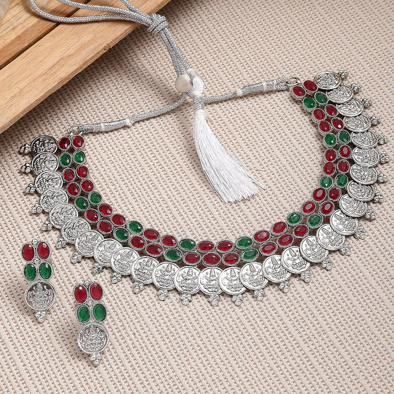 Rhodium-Plated with Oxidised Silver-Tone Green & Red Kundan Studded Handcrafted Jewellery Set