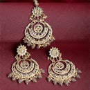 Gold-Plated Pearl Drops Grey Kundan Chandbali Maang Tikka & Earrings Set