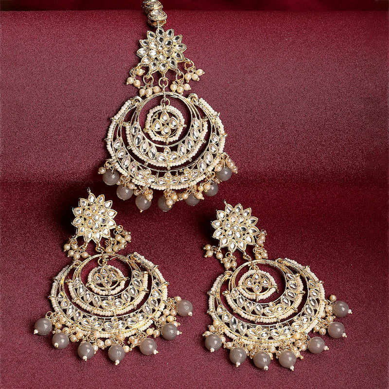 Gold-Plated Pearl Drops Grey Kundan Chandbali Maang Tikka & Earrings Set
