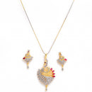 Gold-Plated Heart & Peacock Pink Cubic Zirconia Stone Studded Pendant Set With Chain & Earrings Combo