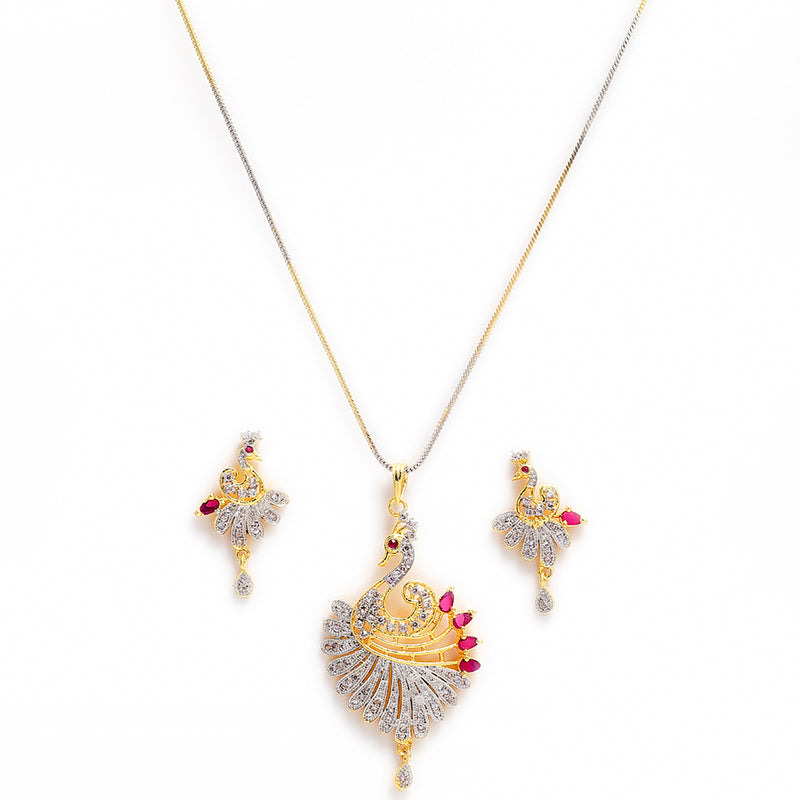 Gold-Plated Heart & Peacock Pink Cubic Zirconia Stone Studded Pendant Set With Chain & Earrings Combo