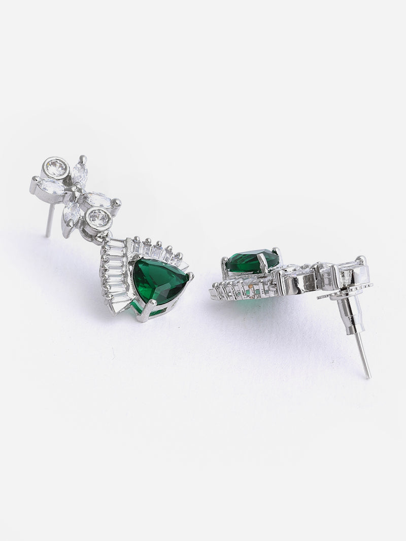 Rhodium-Plated with Silver-Tone Green American Diamond Studded Contemporary Design Jewellery Set