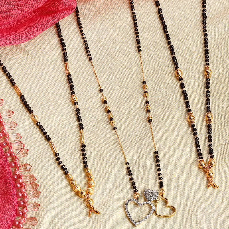 Set Of 3 Gold-Plated Black American Diamond-Studded & Beaded Mangalsutra