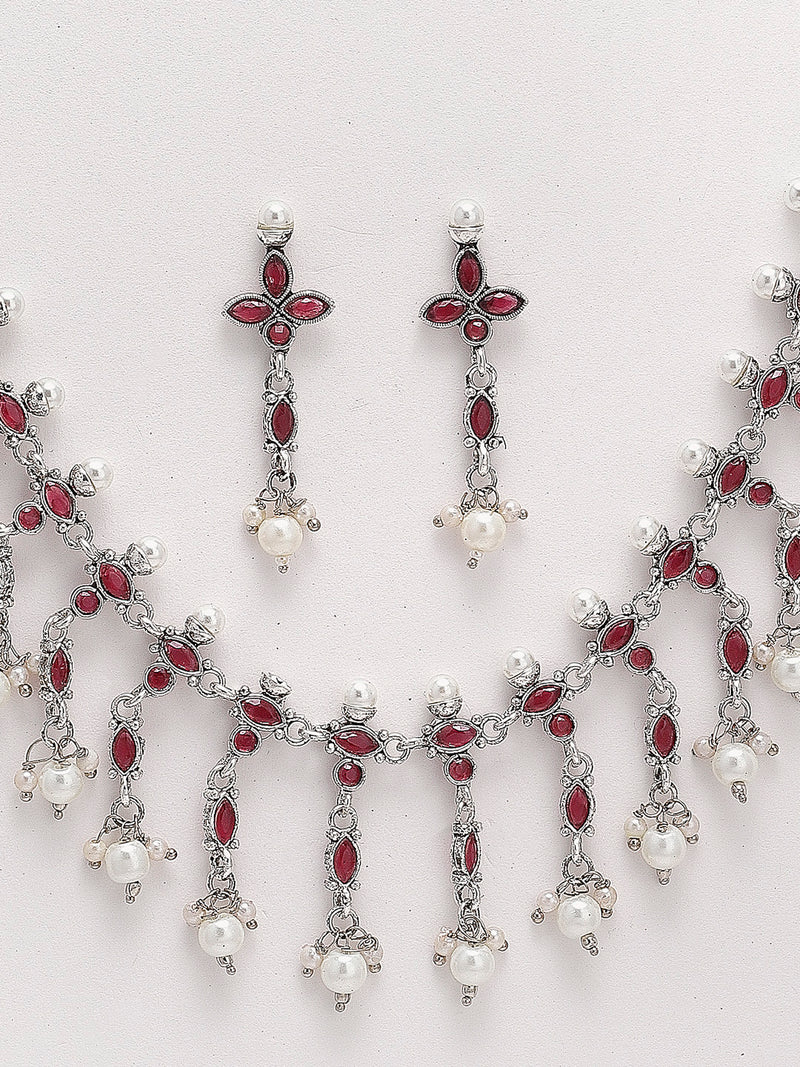 Rhodium-Plated with Oxidised Silver-Tone Red & White Kundan-Studded & Beaded Jewellery Set