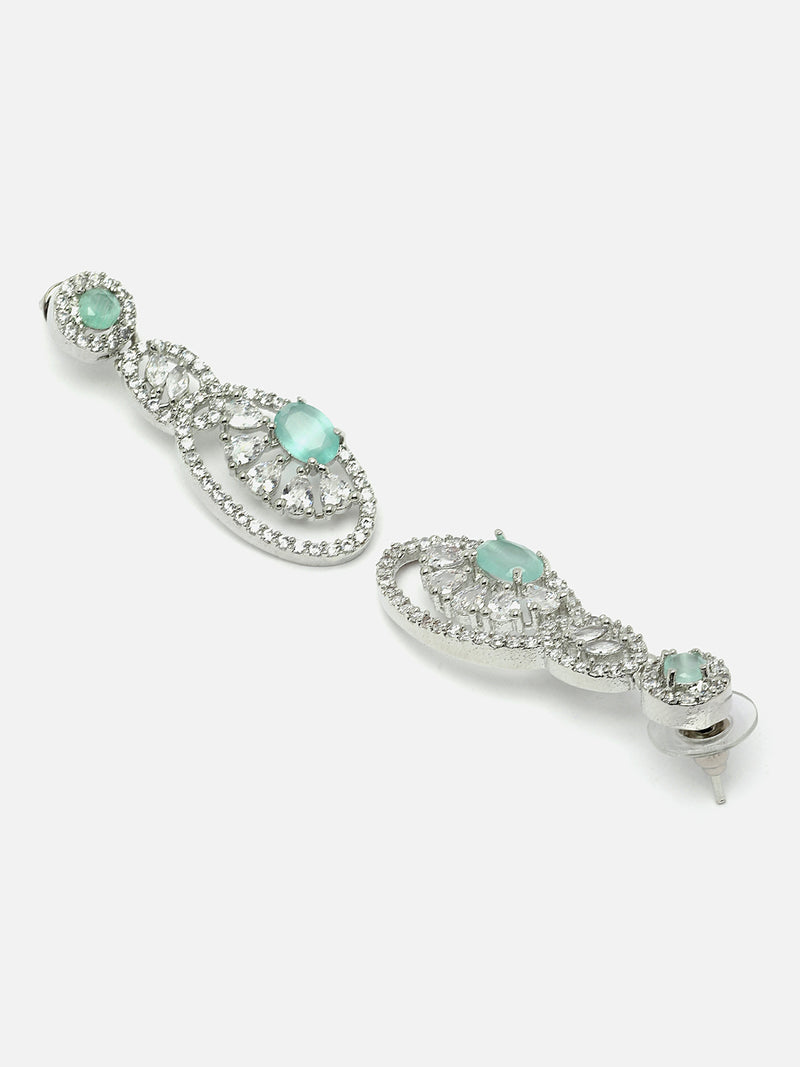 Rhodium-Plated Sea Green American Diamond studded Oval & Quirky Shaped Drop Earrings