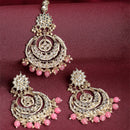 Gold-Plated Pearl Drops Pink Kundan Chandbali Maang Tikka & Earrings Set