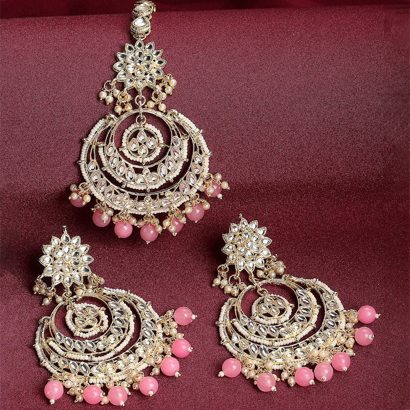 Gold-Plated Pearl Drops Pink Kundan Chandbali Maang Tikka & Earrings Set