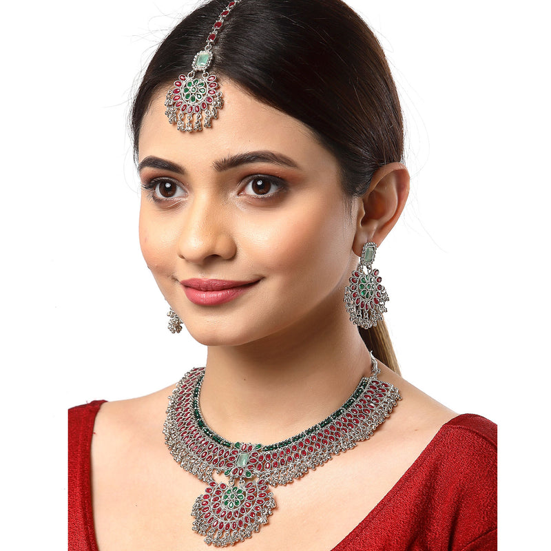Rhodium-Plated with Silver-Tone Red and Green Kundan-Studded Meenakari Jewellery Set