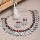 Temple Coin Rhodium-Plated with Silver-Tone Red Kundan-Studded  Jewellery Set