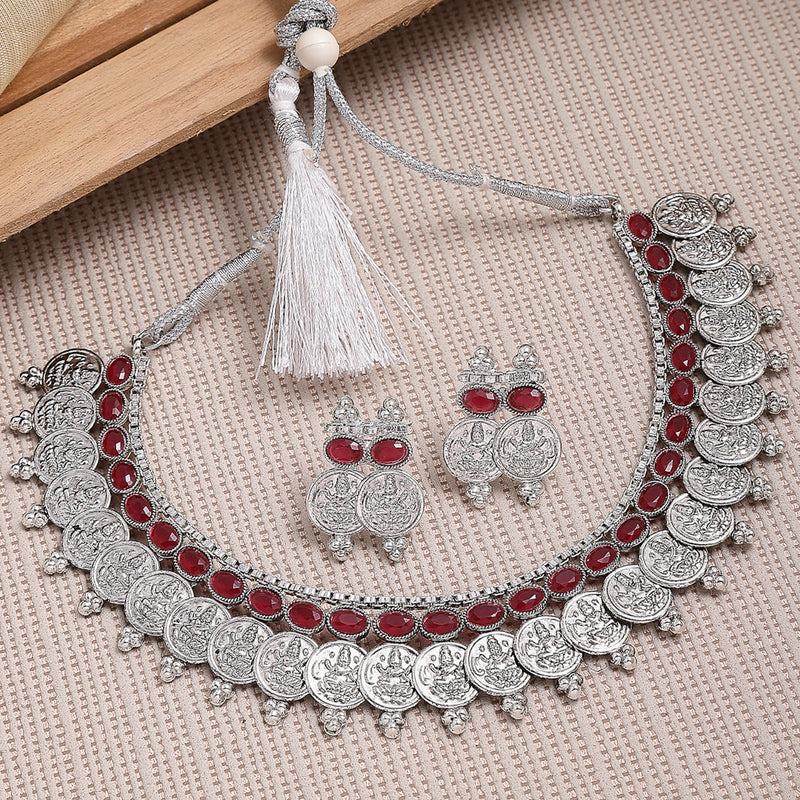 Temple Coin Rhodium-Plated with Silver-Tone Red Kundan-Studded  Jewellery Set
