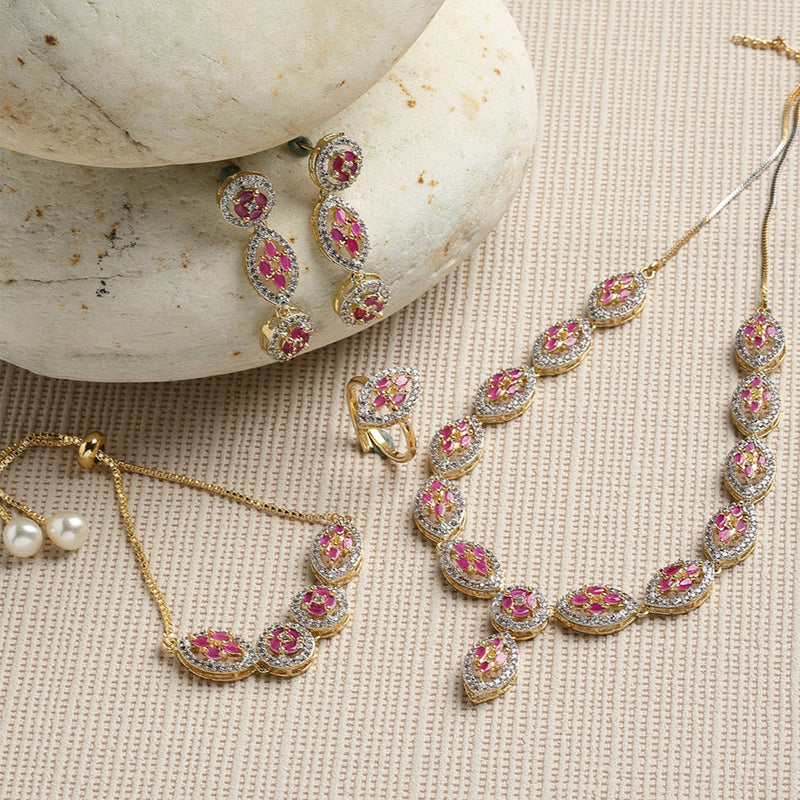 Gold-Plated Red & White American Diamond Studded Jewellery Set Combo