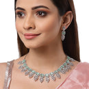 Rhodium Plated Silver Toned Teardrop Floral Design White  & Sea Green Square AD Studded Necklace Set & Matching Earrings