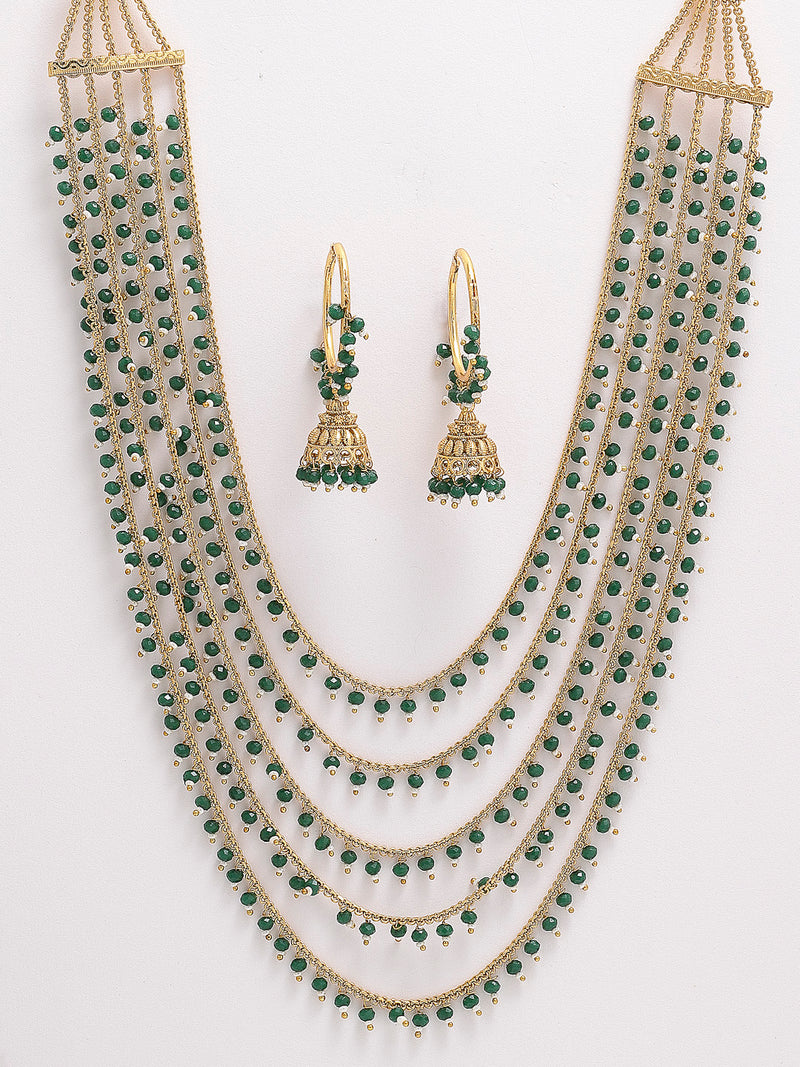 Five Layered Gold-Plated Green Pearl Beaded Jewellery Set