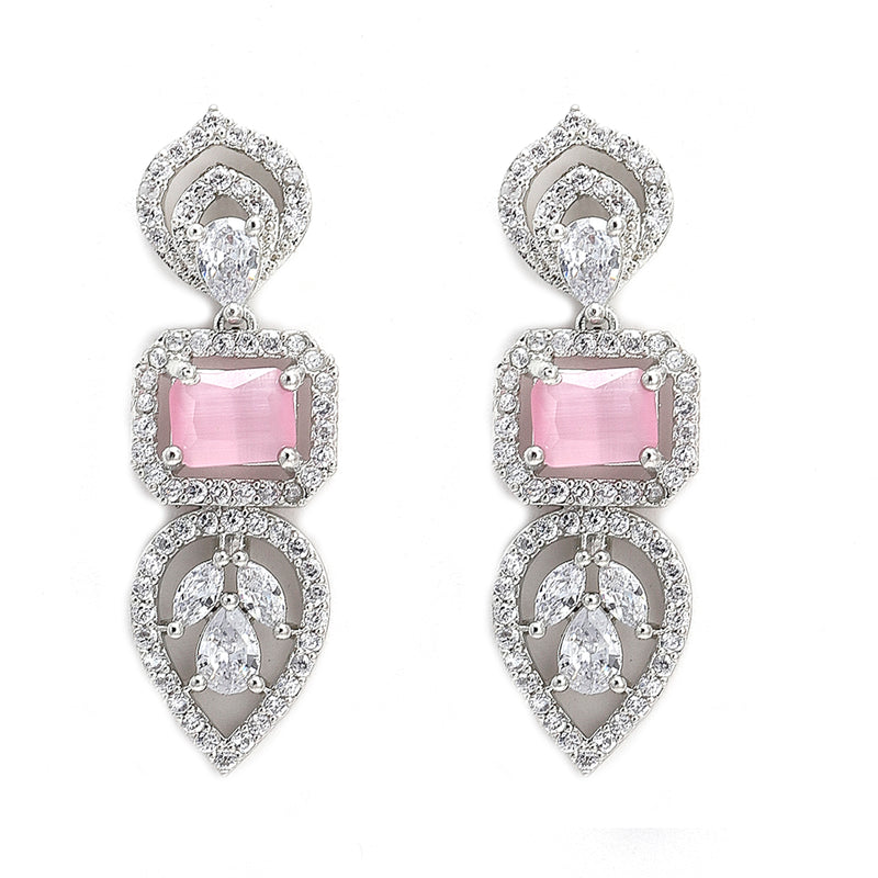 Pink & Silver-Toned & Plated Crystal Studded Leaf Shaped Jewellery Set