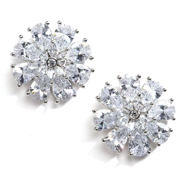 White American Diamond Studded Floral Shaped Rhodium-Plated with Silver-Tone Studs Earrings