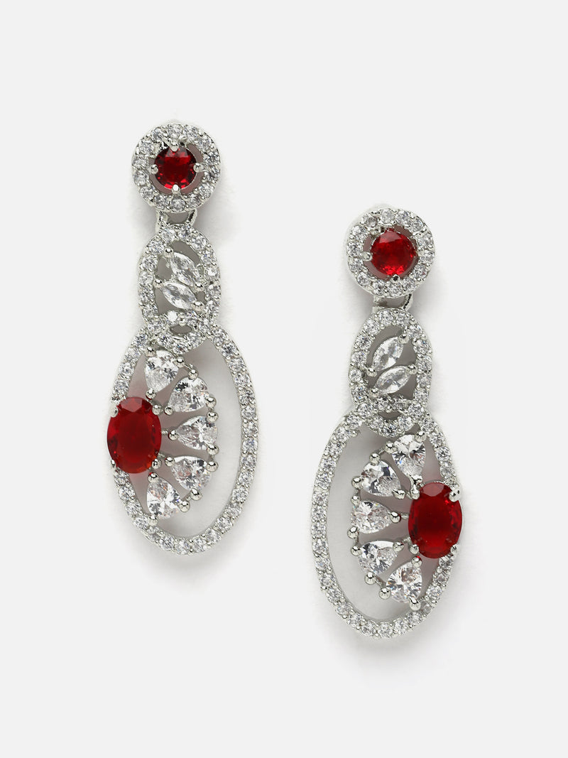 Rhodium-Plated Red American Diamond studded Oval & Quirky Shaped Drop Earrings