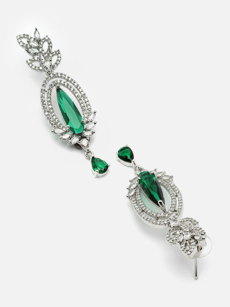 Rhodium-Plated Green & White American Diamond studded Handcrafted Teardrop Shaped Drop Earrings