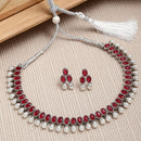 Rhodium-Plated with Oxidised Silver-Tone Red American Diamond-Studded & Pearl Beaded Jewellery Set