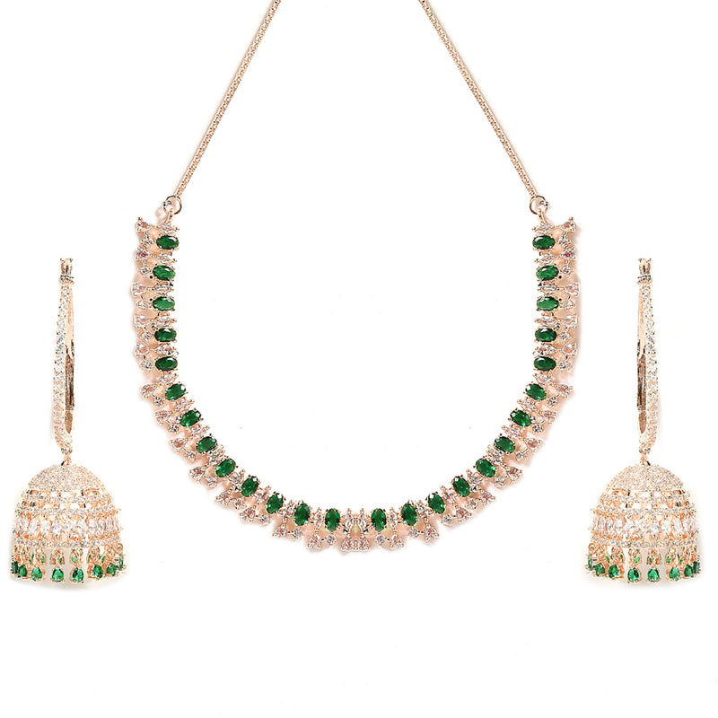 Rose Gold-Plated White & Green American Diamond Studded Jewellery Set