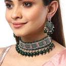 Rhodium-Plated with Silver-Tone Green & Pink Stone-Studded Traditional Choker