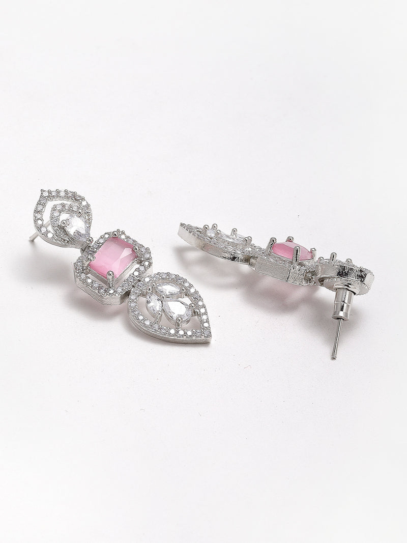 Pink & Silver-Toned & Plated Crystal Studded Leaf Shaped Jewellery Set