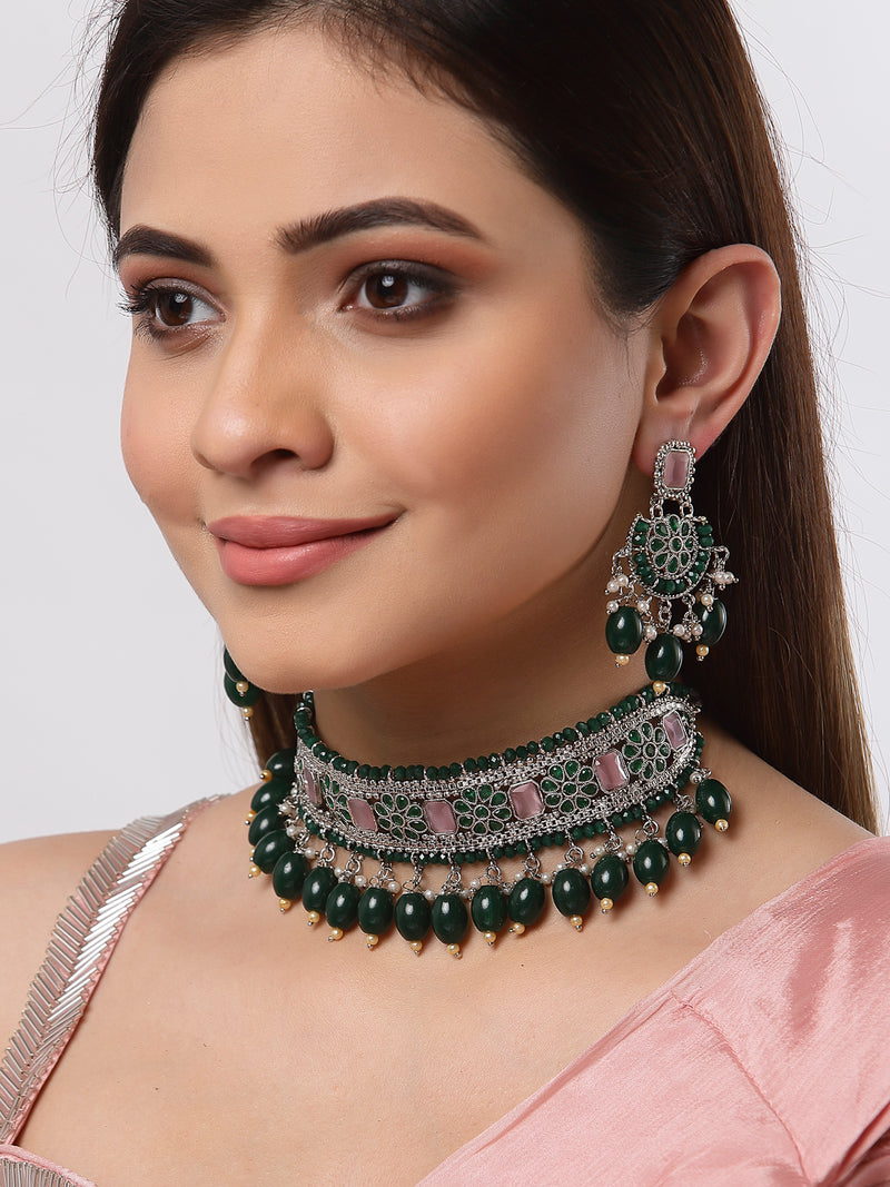 Rhodium-Plated with Silver-Tone Green & Pink Stone-Studded Traditional Choker