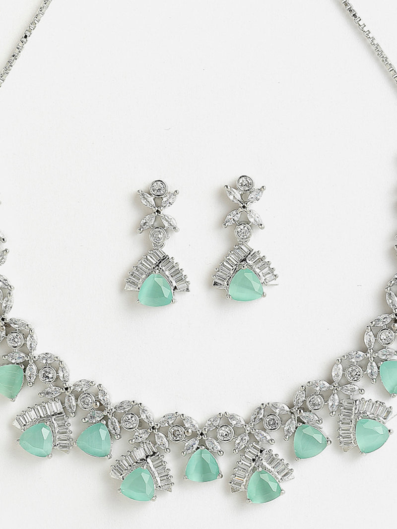 Rhodium-Plated with Silver-Tone & Sea Green American Diamond-Studded  Jewellery Set