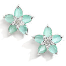 Rhodium-Plated with Silver-Toned Sea Green American Diamond Floral Studs Earrings