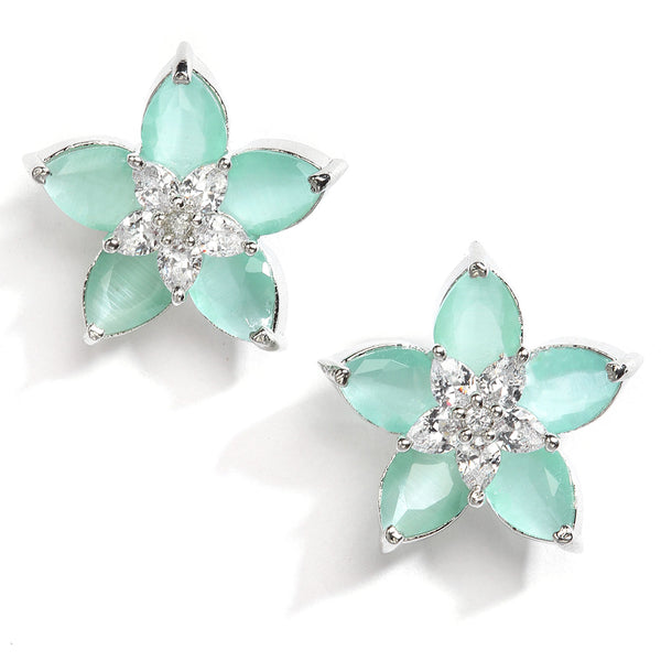 Rhodium-Plated with Silver-Toned Sea Green American Diamond Floral Studs Earrings