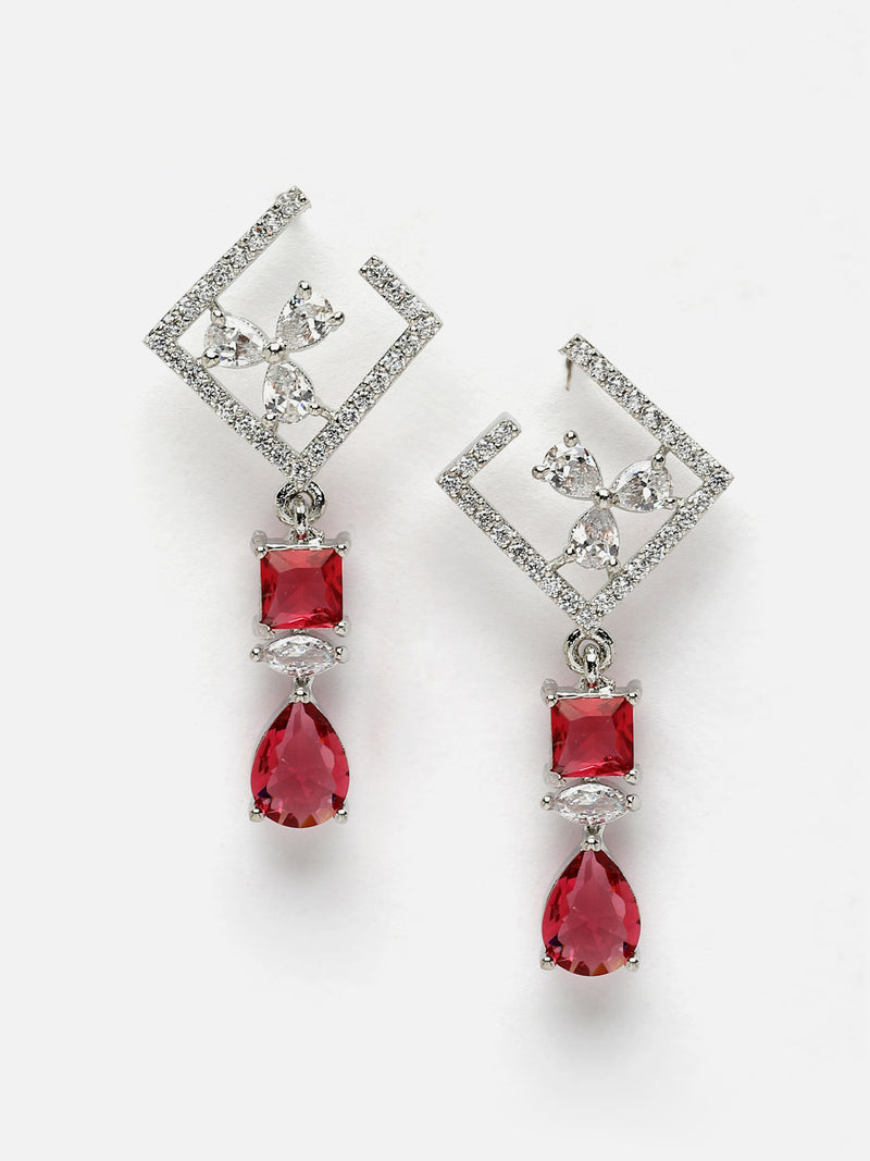 Rhodium-Plated Red & White American Diamond studded Square & Teardrop Shaped Contemporary Drop Earrings