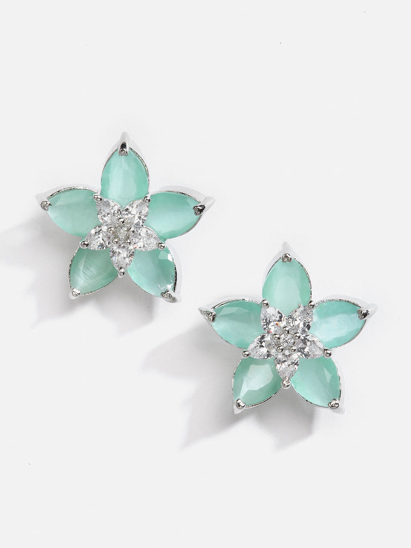 Rhodium-Plated with Silver-Toned Sea Green American Diamond Floral Studs Earrings