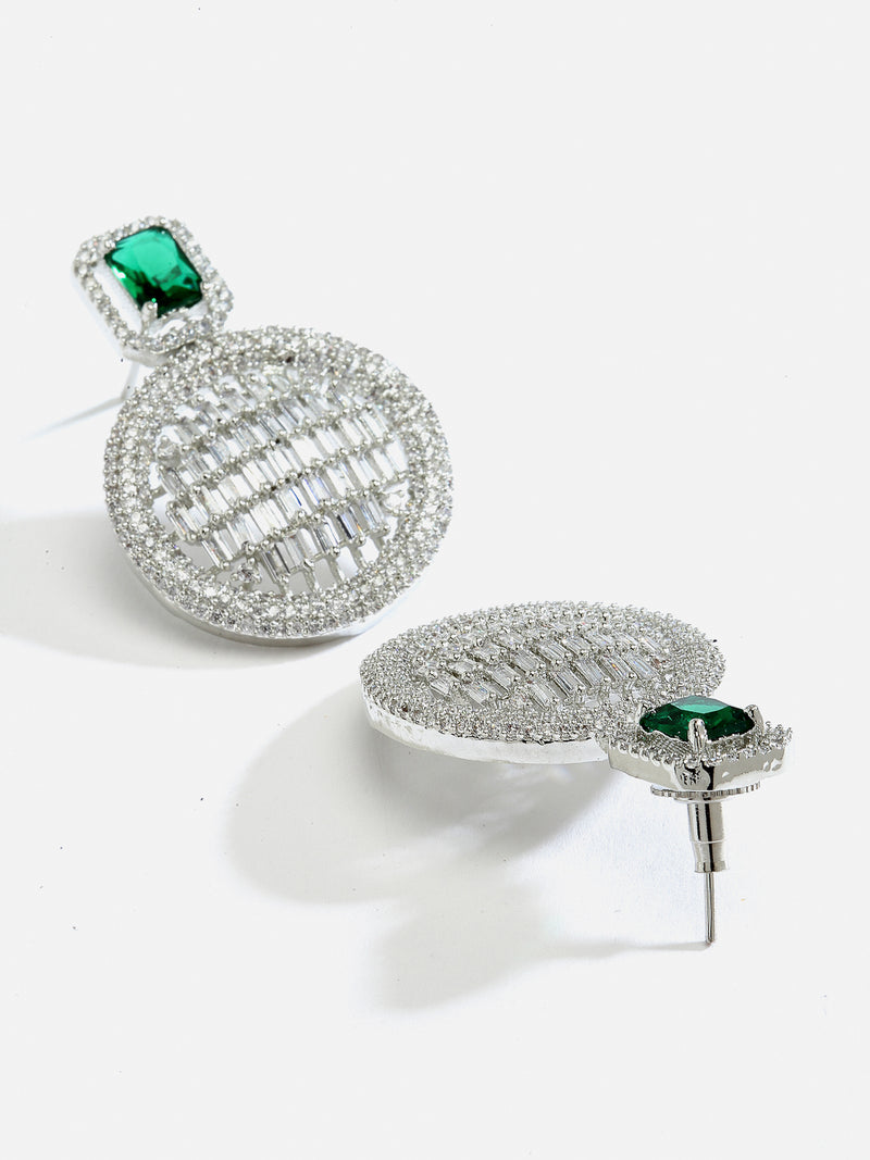 Green American Diamond Studded Geometric Shaped Rhodium-Plated with Silver-Tone Drop Earrings