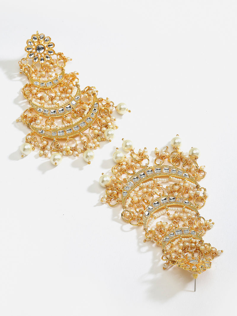 Gold-Plated Off White Kundan & Pearls Beaded Chandbalis Earrings