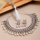 Silver-Toned & Pink Rhodium-Plated American Diamond Studded Pearl Jewellery Set