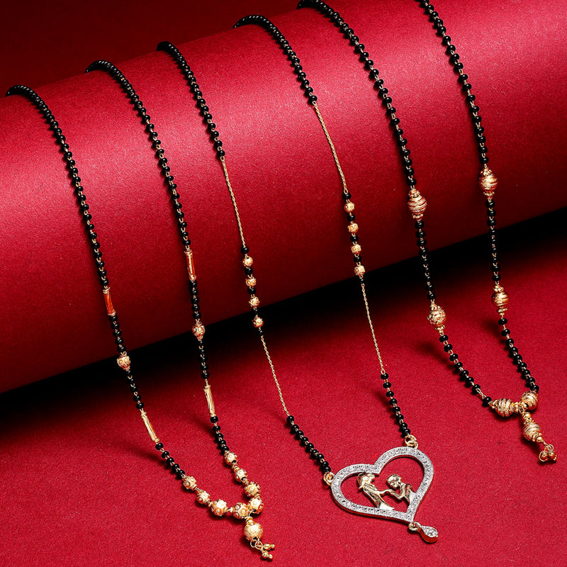 Gold-Plated Set Of 3 Black Studded & Black Beaded Mangalsutra