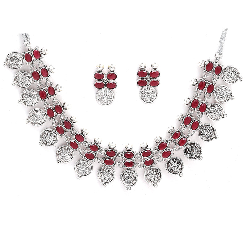 Temple Coin Rhodium-Plated with Silver-Tone Kundan-Studded Jewellery Set