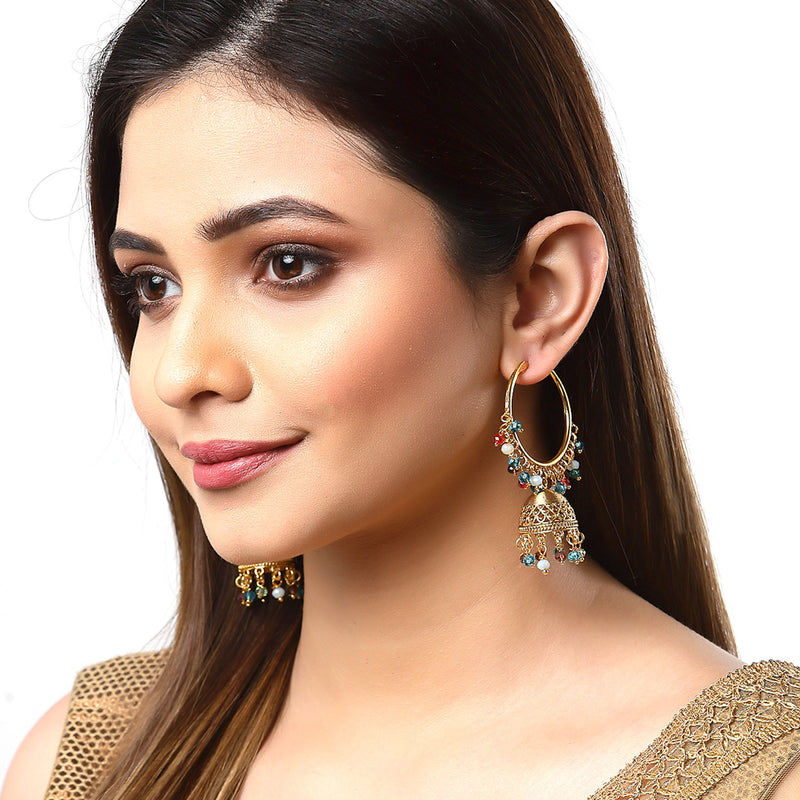 Multicoloured Dome Shaped Jhumkas Earrings with Gold-Plated Copper