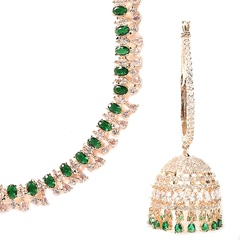 Rose Gold-Plated White & Green American Diamond Studded Jewellery Set