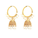 Gold-Plated White Pearl Drop 5 Layered Necklace with Hoop Jhumka Earrings
