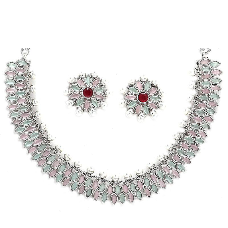Rhodium-Plated with Silver-Tone Double Layered Kundan-Studded Leaf Shaped Jewellery Set
