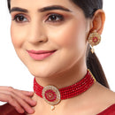 White & Red American Diamond-Studded & Beaded Gold-Plated Choker Jewellery Set