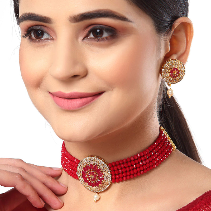 White & Red American Diamond-Studded & Beaded Gold-Plated Choker Jewellery Set