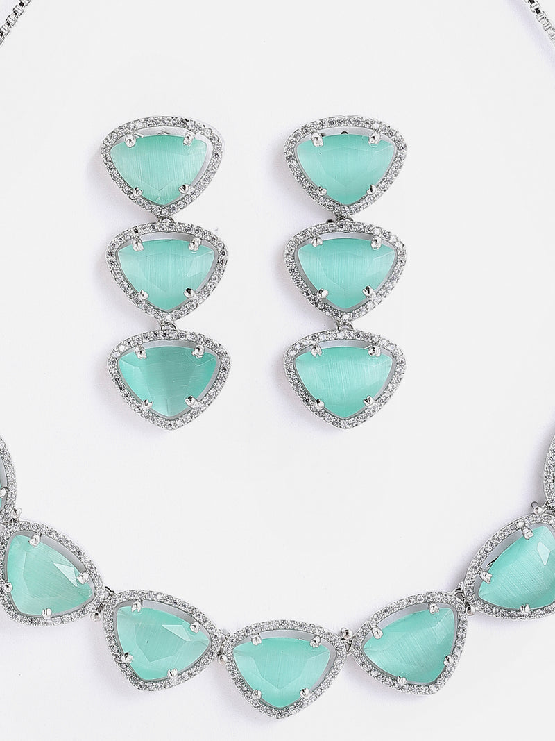 Rhodium-Plated with Silver-Tone Sea Green American Diamond Studded Jewellery Set