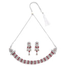 Rhodium-Plated with Oxidised Silver-Tone Red Kundan Studded Jewellery Set