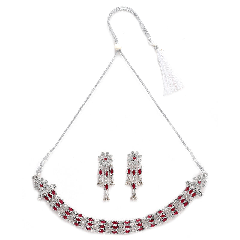 Rhodium-Plated with Oxidised Silver-Tone Red Kundan Studded Jewellery Set