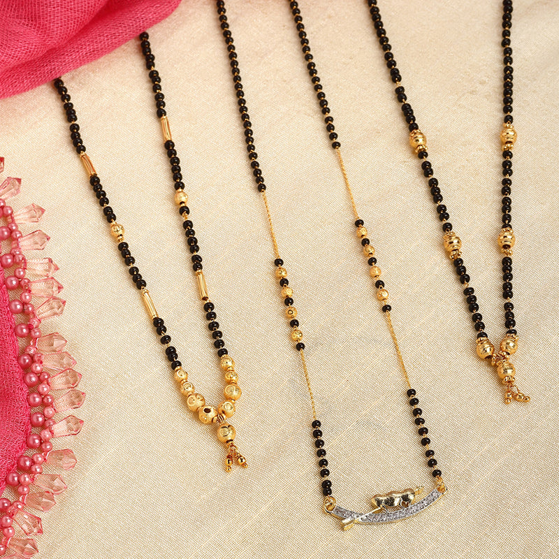 Set Of 3 Gold-Plated & Black Beaded AD Studded Mangalsutra